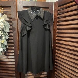 Gracia Black Mini Dress with Embellished Collar
